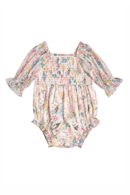 The Ivy City Co Baby Madeline Romper in Cordelia Floral showcases a charming pastel floral print, ruffled cuffs, and elastic at the chest, sleeves, and leg openings—an adorable choice for matching mommy-and-me moments.