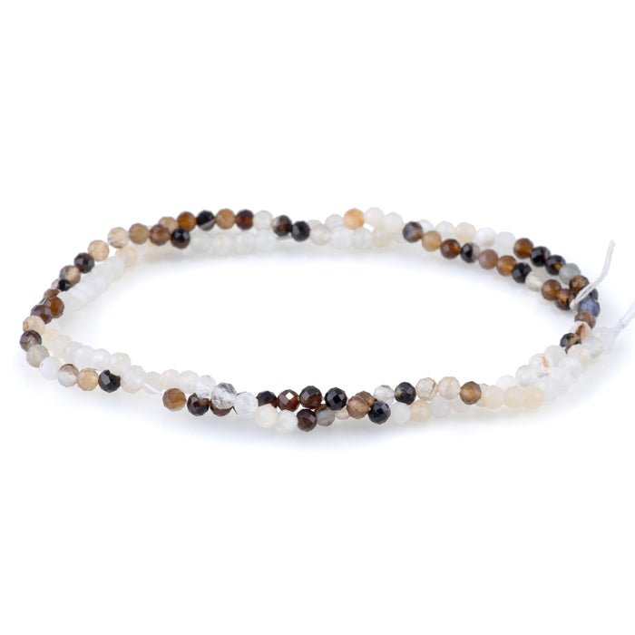 This is a Dakota Stones 3mm Banded Mixed Stone Brown White Gemstone strand with faceted round beads in 15-16 inch strand.