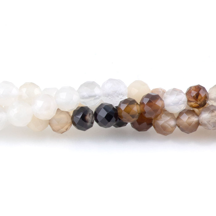 This is a Dakota Stones 3mm Banded Mixed Stone Brown White Gemstone strand with faceted round beads in 15-16 inch strand.