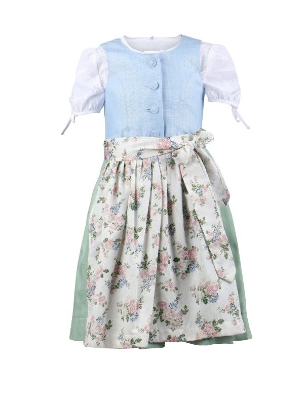 Barwolf Girls Dirndl dress "Anni" in blue and green with floral print apron and lace blouse.
