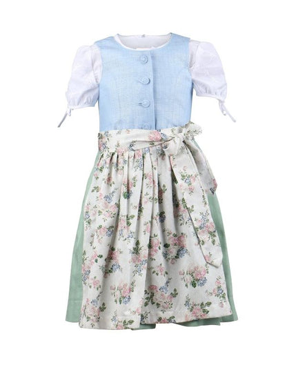Barwolf Girls Dirndl dress "Anni" in blue and green with floral print apron and lace blouse.