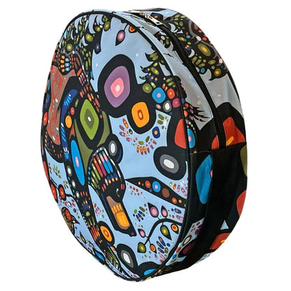 Colorful round bag with abstract design on a white background