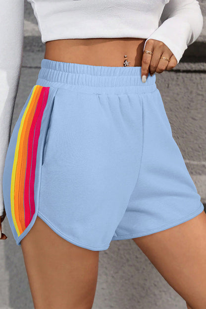 Beau Blue Colour Block Stripes Elastic High Waist Active Shorts - S / 85% Polyester + 10% Cotton + 5% Elastane