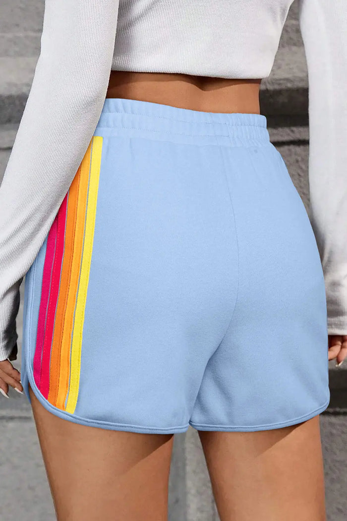 Beau Blue Colour Block Stripes Elastic High Waist Active Shorts - Bottoms/Casual