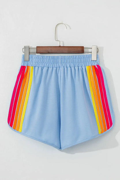 Beau Blue Colour Block Stripes Elastic High Waist Active Shorts - Bottoms/Casual