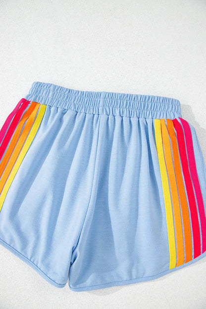 Beau Blue Colour Block Stripes Elastic High Waist Active Shorts - Bottoms/Casual