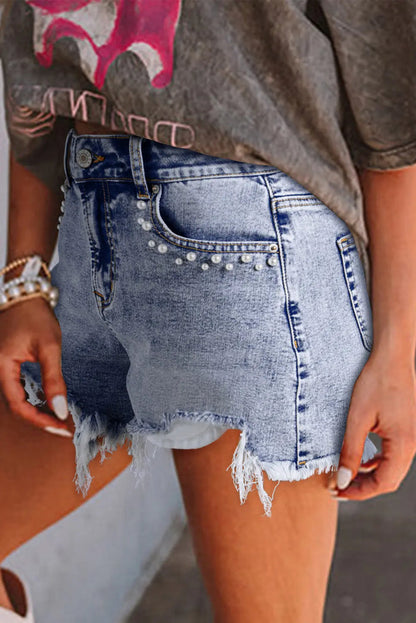 Beau Blue Pearl Studded Pockets Raw Hem Denim Shorts - Bottoms/Denim
