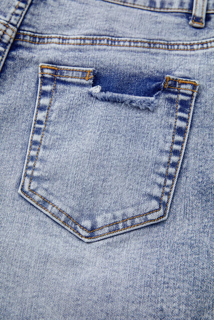 Beau Blue Pearl Studded Pockets Raw Hem Denim Shorts - Bottoms/Denim