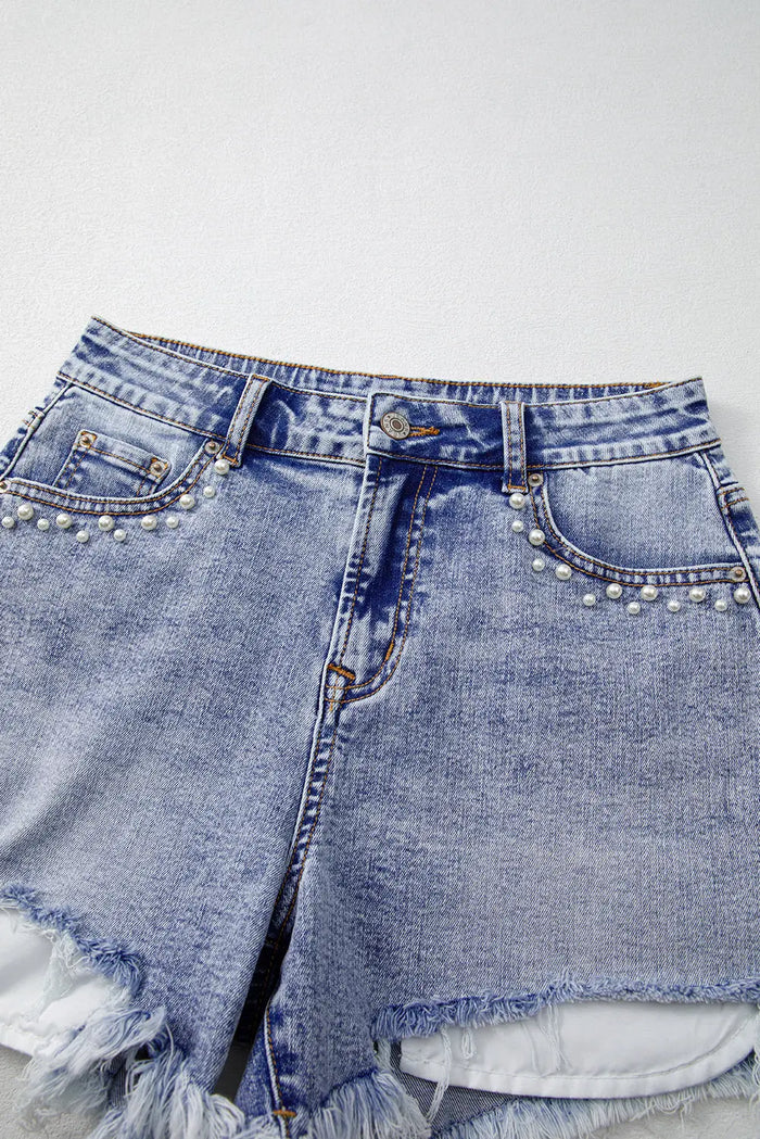 Beau Blue Pearl Studded Pockets Raw Hem Denim Shorts - Bottoms/Denim