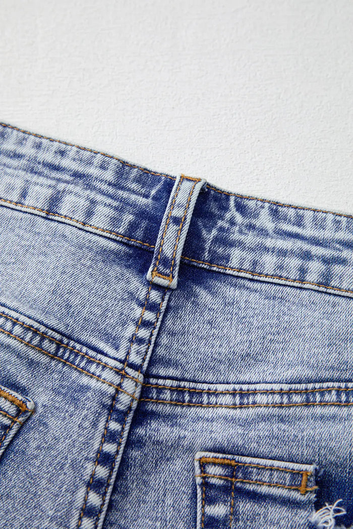 Beau Blue Pearl Studded Pockets Raw Hem Denim Shorts - Bottoms/Denim