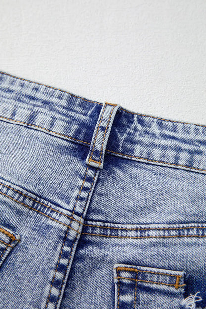 Beau Blue Pearl Studded Pockets Raw Hem Denim Shorts - Bottoms/Denim