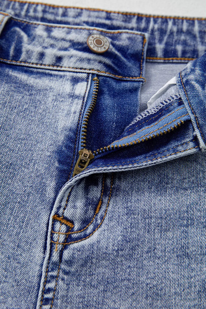 Beau Blue Pearl Studded Pockets Raw Hem Denim Shorts - Bottoms/Denim
