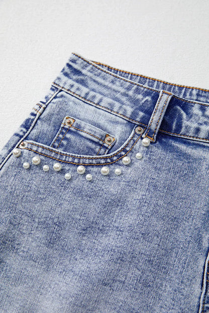 Beau Blue Pearl Studded Pockets Raw Hem Denim Shorts - Bottoms/Denim
