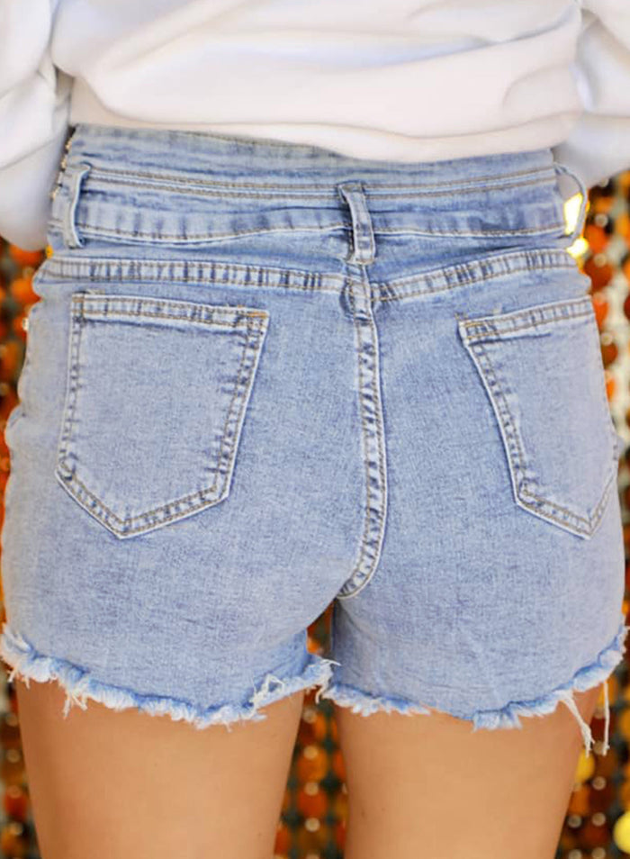 Beau Blue Rhinestone Light Wash Raw Hem High Waist Denim Shorts - Bottoms/Denim