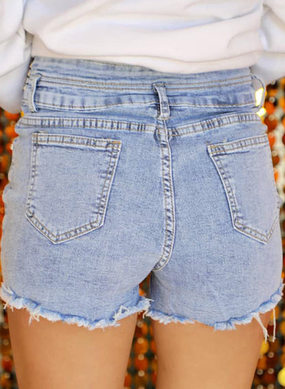 Beau Blue Rhinestone Light Wash Raw Hem High Waist Denim Shorts - Bottoms/Denim