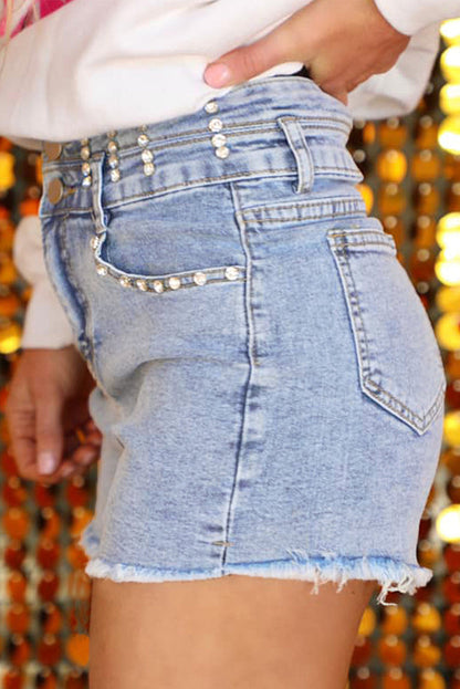 Beau Blue Rhinestone Light Wash Raw Hem High Waist Denim Shorts - Bottoms/Denim