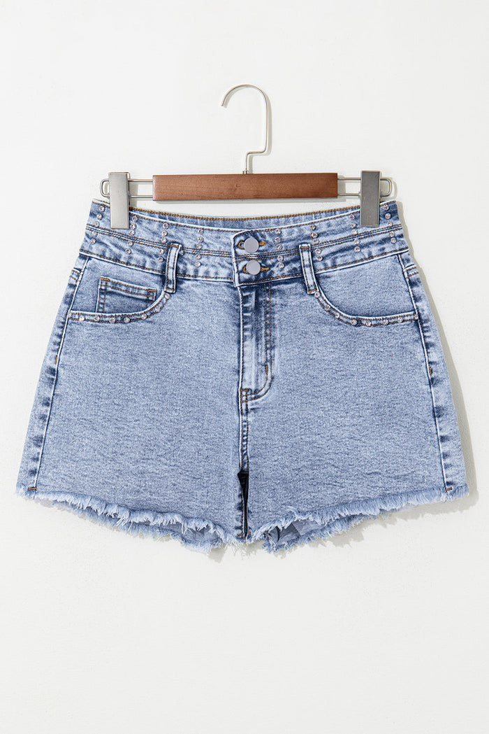 Beau Blue Rhinestone Light Wash Raw Hem High Waist Denim Shorts - Bottoms/Denim