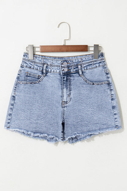 Beau Blue Rhinestone Light Wash Raw Hem High Waist Denim Shorts - Bottoms/Denim