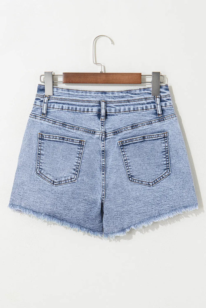 Beau Blue Rhinestone Light Wash Raw Hem High Waist Denim Shorts - Bottoms/Denim