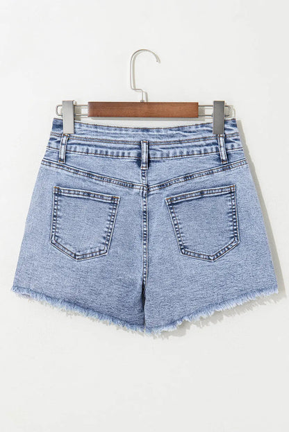 Beau Blue Rhinestone Light Wash Raw Hem High Waist Denim Shorts - Bottoms/Denim