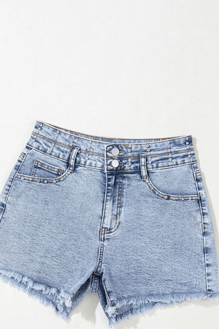 Beau Blue Rhinestone Light Wash Raw Hem High Waist Denim Shorts - Bottoms/Denim