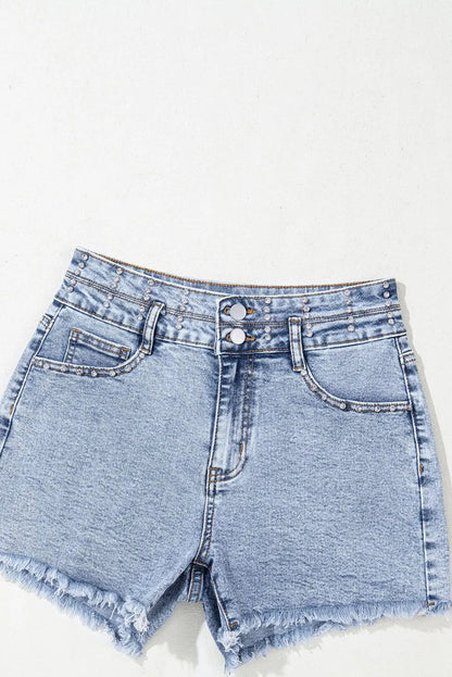 Beau Blue Rhinestone Light Wash Raw Hem High Waist Denim Shorts - Bottoms/Denim