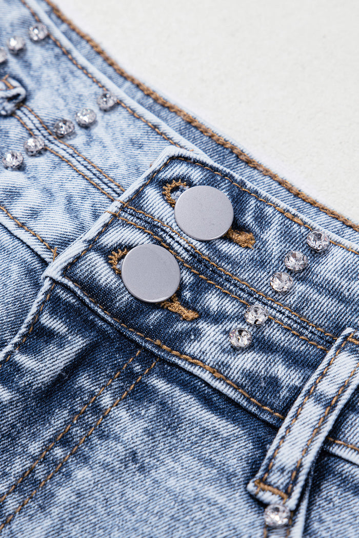 Beau Blue Rhinestone Light Wash Raw Hem High Waist Denim Shorts - Bottoms/Denim