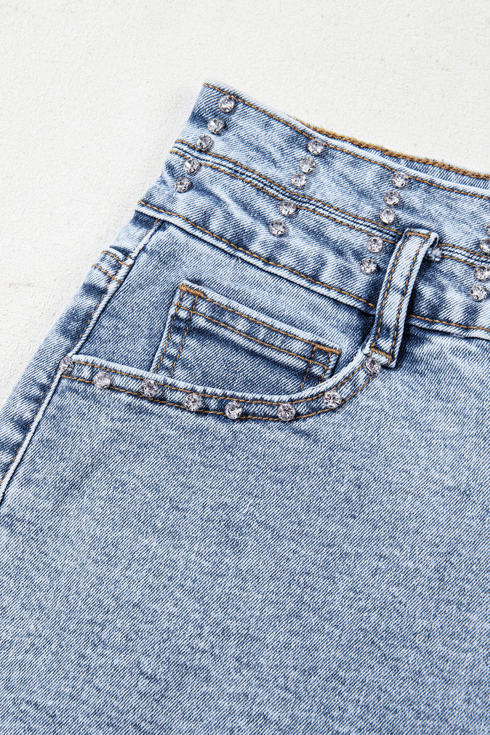Beau Blue Rhinestone Light Wash Raw Hem High Waist Denim Shorts - Bottoms/Denim