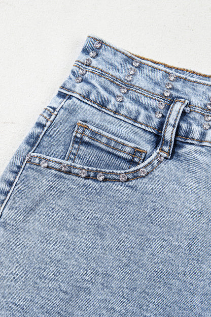 Beau Blue Rhinestone Light Wash Raw Hem High Waist Denim Shorts - Bottoms/Denim