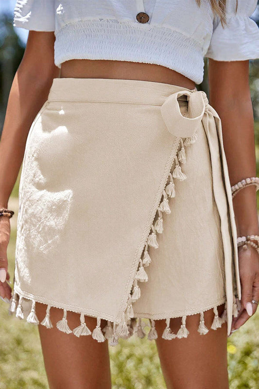 Beige Tassel Trim Wrap Knot Side Bohemian Style Mini Skort - Apricot / S / 100% Cotton - Bottoms/Casual Shorts