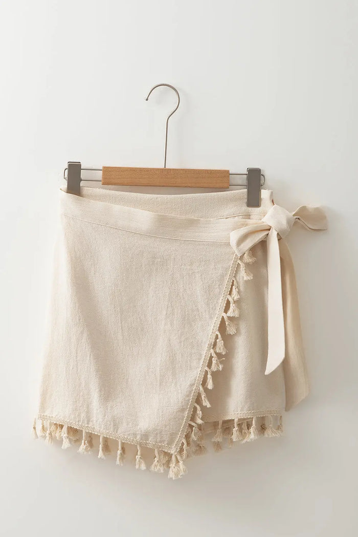 Beige Tassel Trim Wrap Knot Side Bohemian Style Mini Skort - Bottoms/Casual Shorts