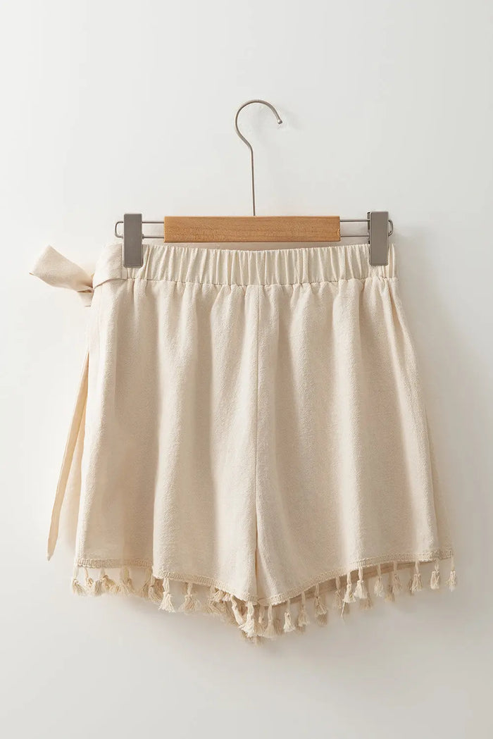 Beige Tassel Trim Wrap Knot Side Bohemian Style Mini Skort - Bottoms/Casual Shorts