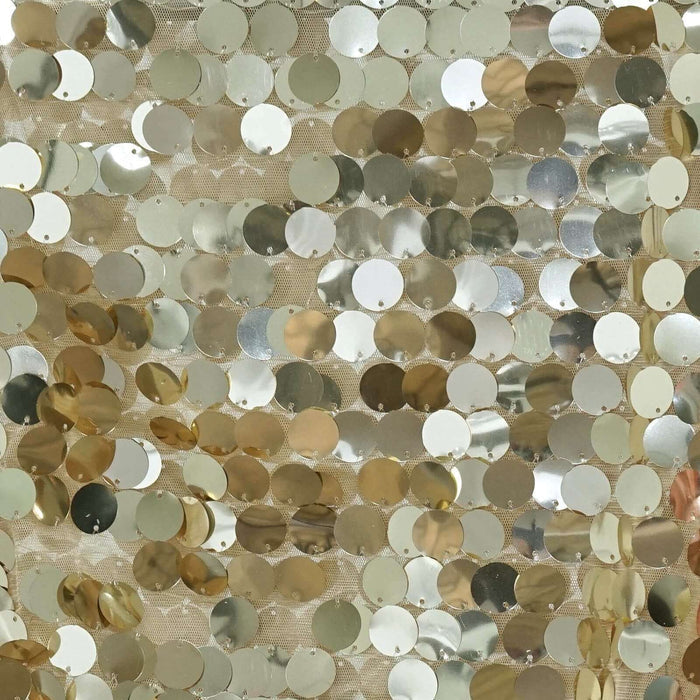 Gold sequin fabric with shiny circular sequins for crafts and decoration. #whtbkgd