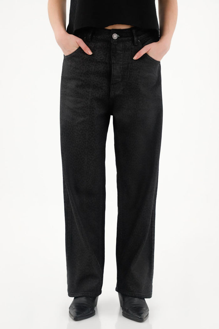 Black Animal Print Resin Effect Pants for Women