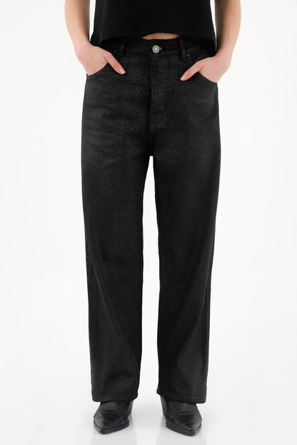 Black Animal Print Resin Effect Pants for Women