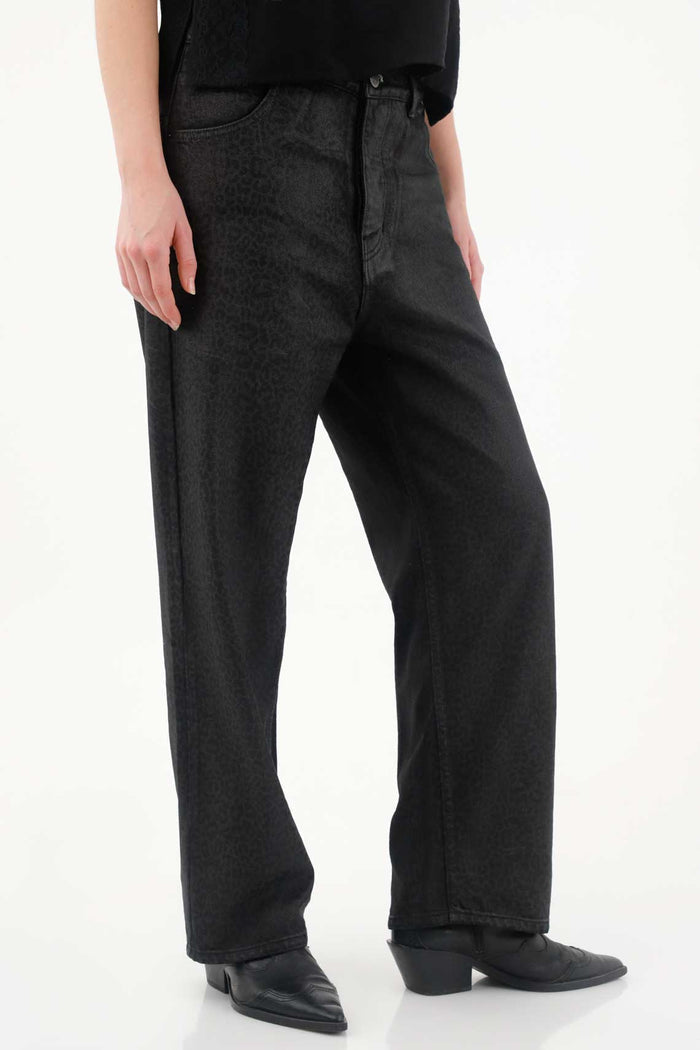 Black Animal Print Resin Effect Pants for Women