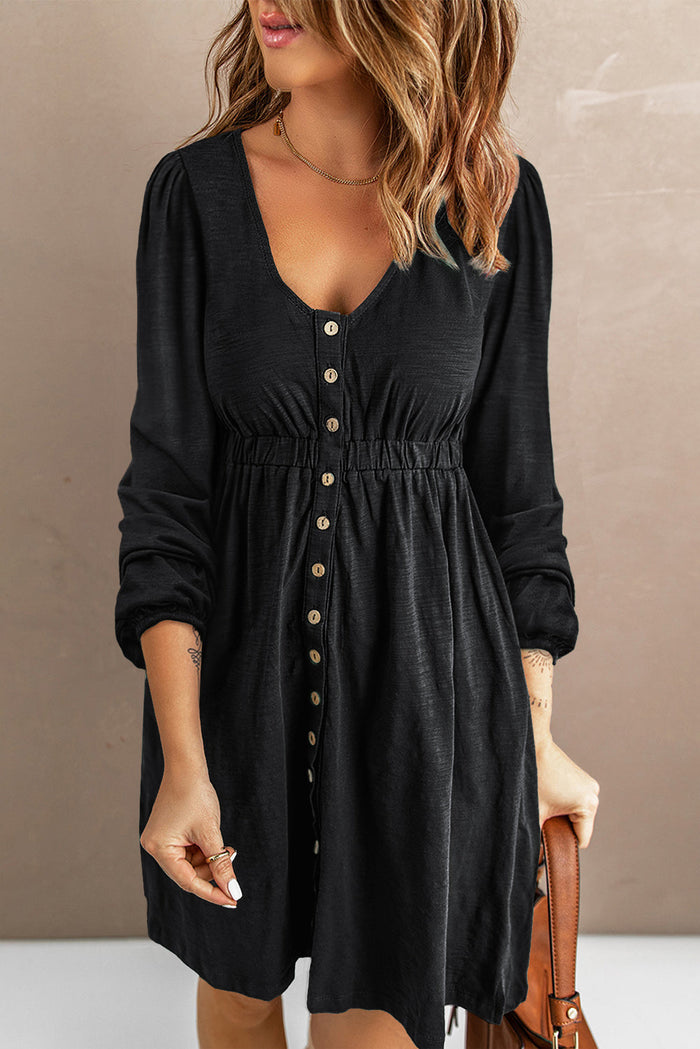 Black Button Up High Waist Long Sleeve Dress - BLACK / S / 95% POLYESTER + 5% ELASTANE - Dresses/Midi Dresses