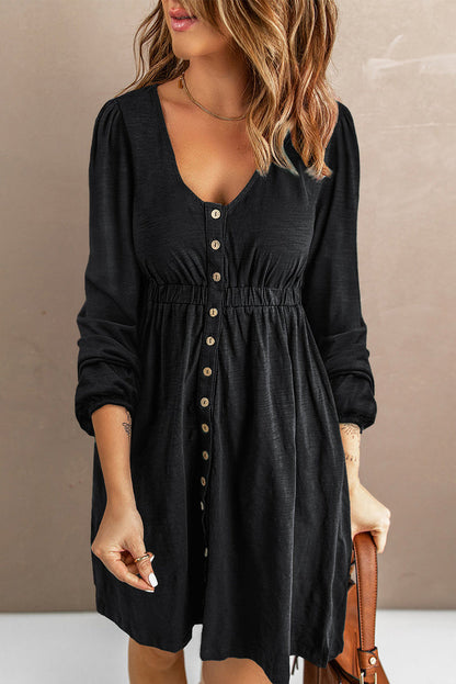 Black Button Up High Waist Long Sleeve Dress - BLACK / S / 95% POLYESTER + 5% ELASTANE - Dresses/Midi Dresses