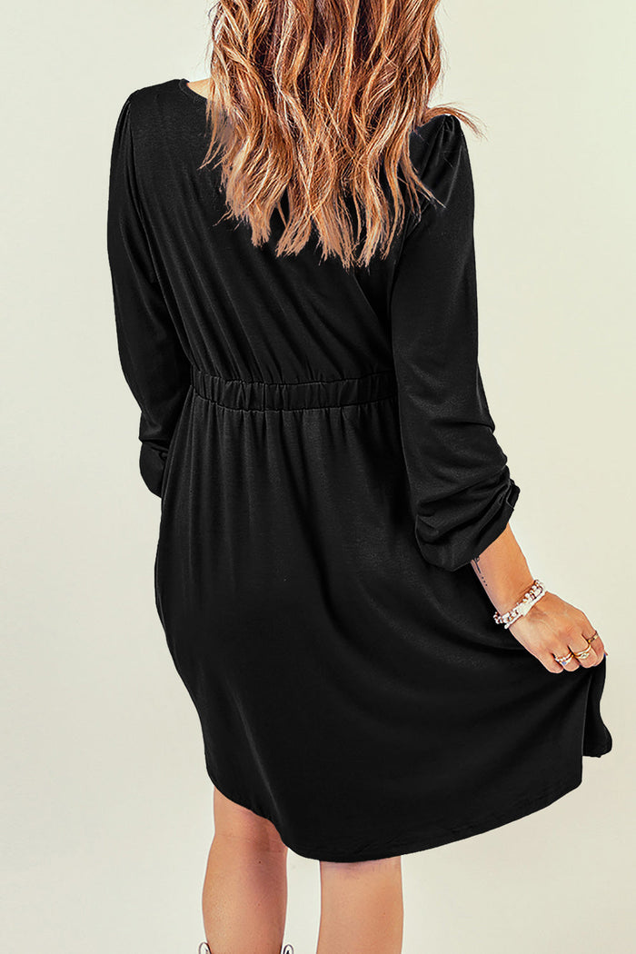 Black Button Up High Waist Long Sleeve Dress - Dresses/Midi Dresses