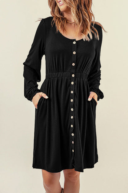 Black Button Up High Waist Long Sleeve Dress - Dresses/Midi Dresses