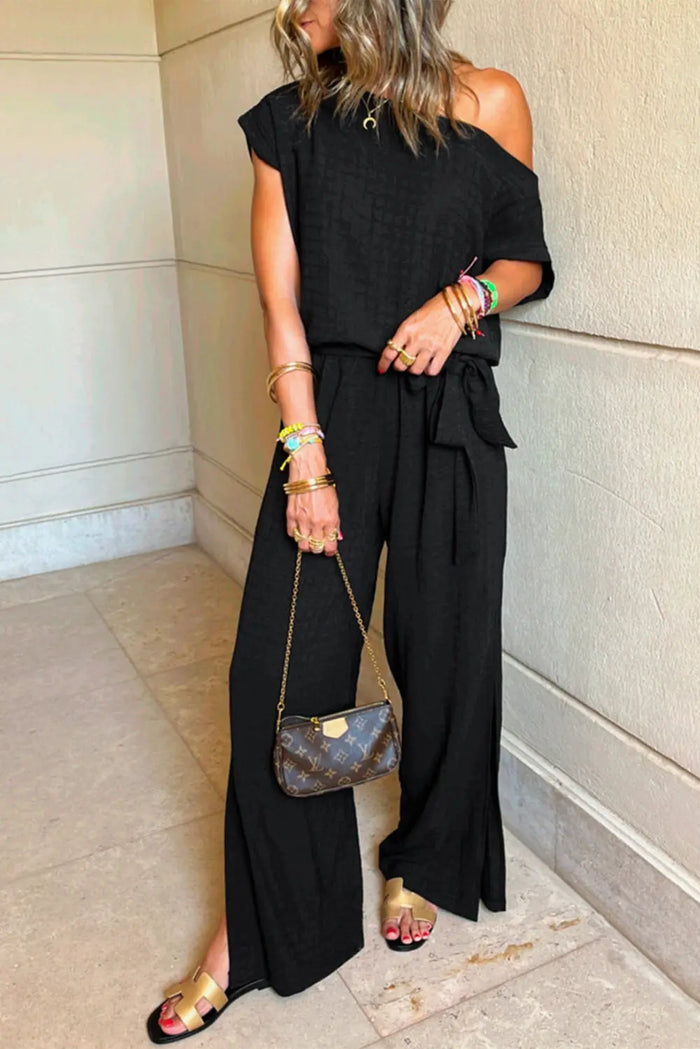 Black Checkered Mesh One Shoulder Short Sleeve Knotted Waist Jumpsuit - S / 95% Polyester + 5% Elastane