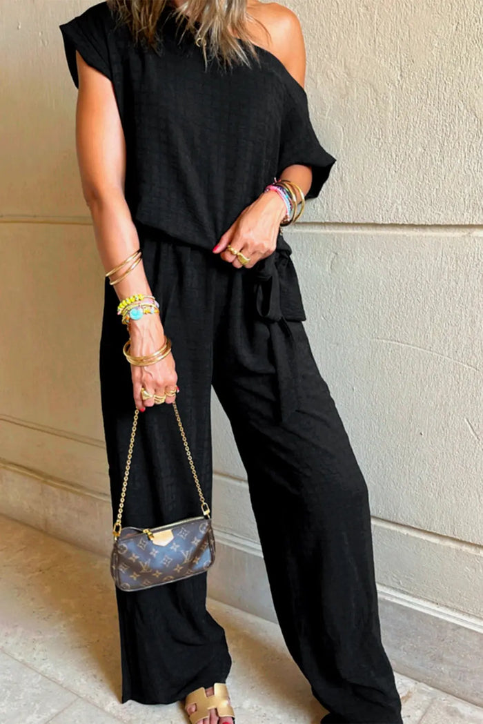 Black Checkered Mesh One Shoulder Short Sleeve Knotted Waist Jumpsuit - Bottoms/Jumpsuits & Rompers