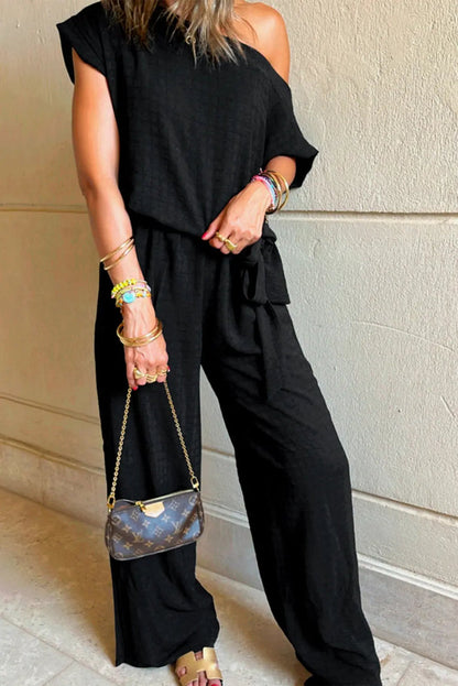 Black Checkered Mesh One Shoulder Short Sleeve Knotted Waist Jumpsuit - Bottoms/Jumpsuits & Rompers