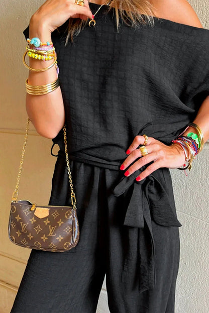 Black Checkered Mesh One Shoulder Short Sleeve Knotted Waist Jumpsuit - Bottoms/Jumpsuits & Rompers