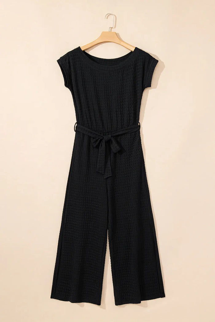 Black Checkered Mesh One Shoulder Short Sleeve Knotted Waist Jumpsuit - Bottoms/Jumpsuits & Rompers