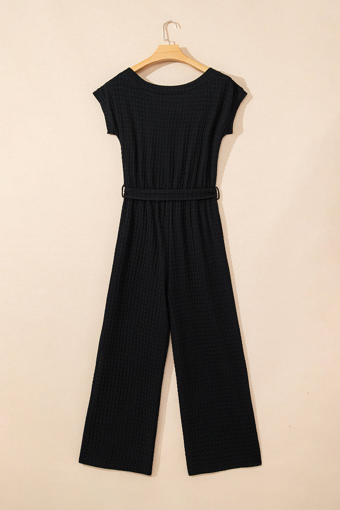 Black Checkered Mesh One Shoulder Short Sleeve Knotted Waist Jumpsuit - Bottoms/Jumpsuits & Rompers