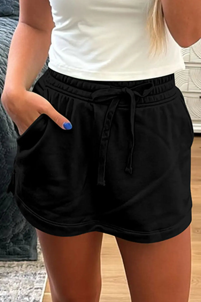Black French Terry Drawstring Mini Skort with Pockets - S / 65% Polyester + 35% Cotton - Skirts/Skort