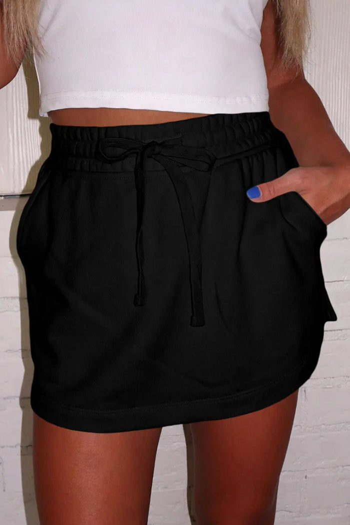 Black French Terry Drawstring Mini Skort with Pockets - Skirts/Skort