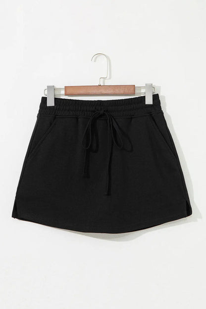 Black French Terry Drawstring Mini Skort with Pockets - Skirts/Skort