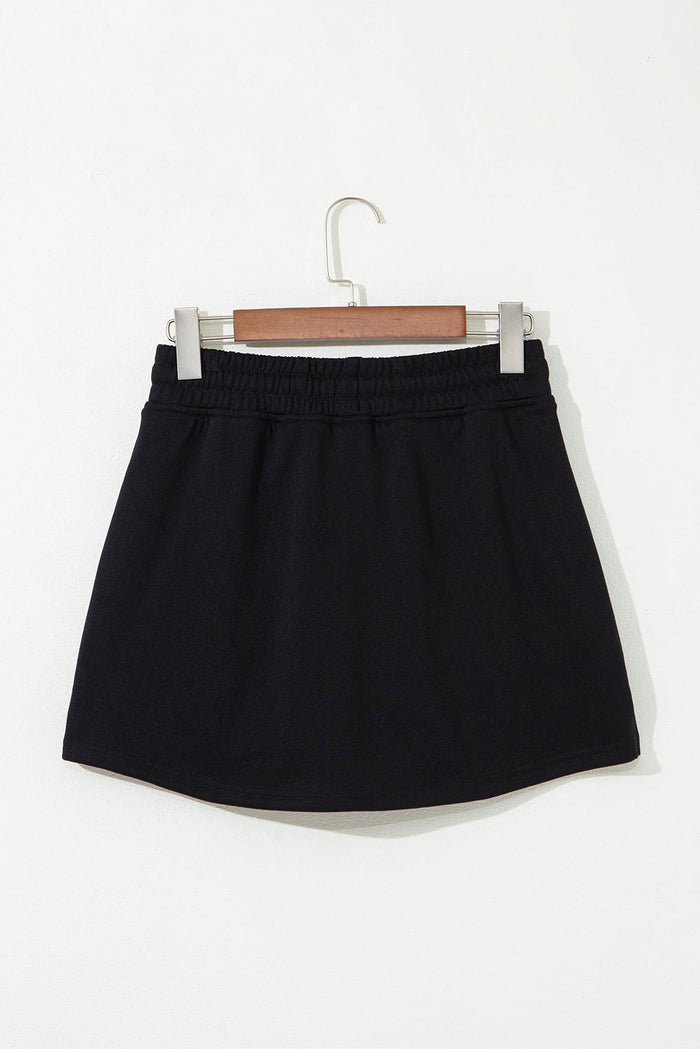 Black French Terry Drawstring Mini Skort with Pockets - Skirts/Skort
